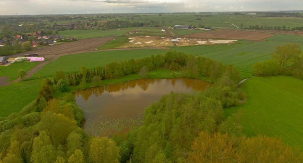 Luftaufnahme eines Dorfteichs umgeben von Bäumen und Feldern mit verstreuten Häusern im Hintergrund